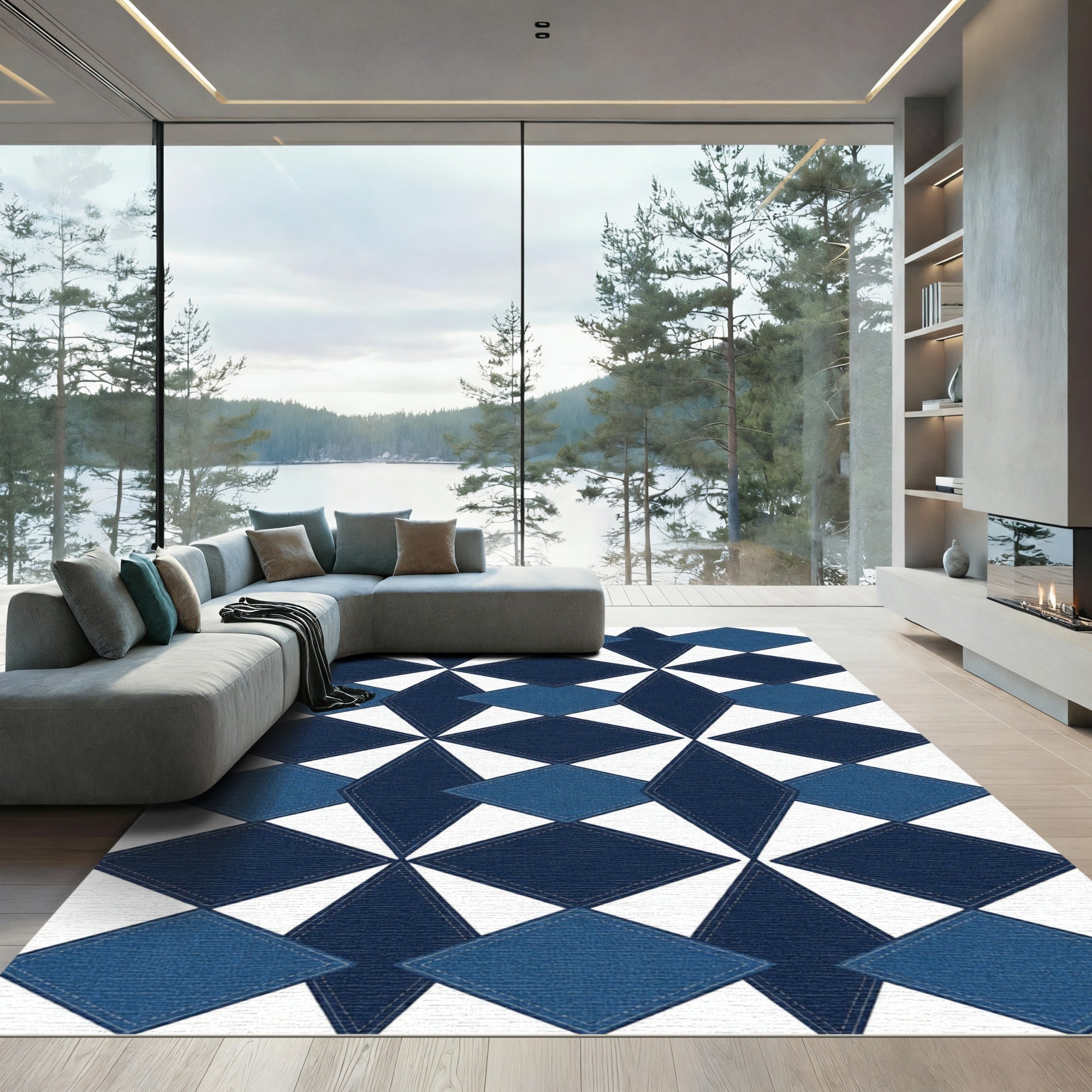 Geometric Navy and Slate Diamond Tile Rug
