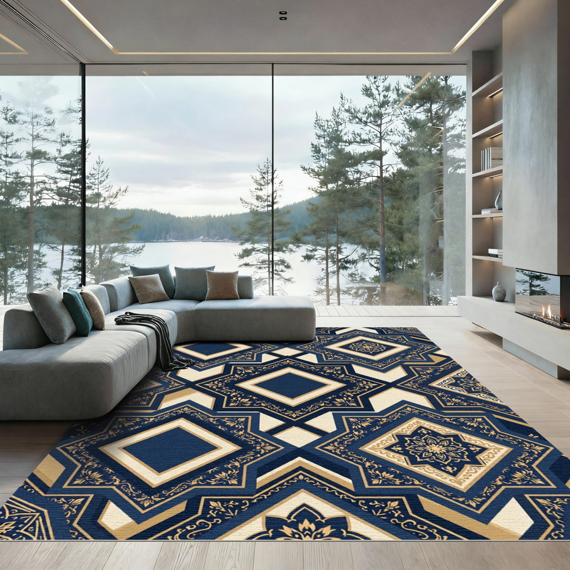 Navy Gold Ornate Geometric Medina Rug