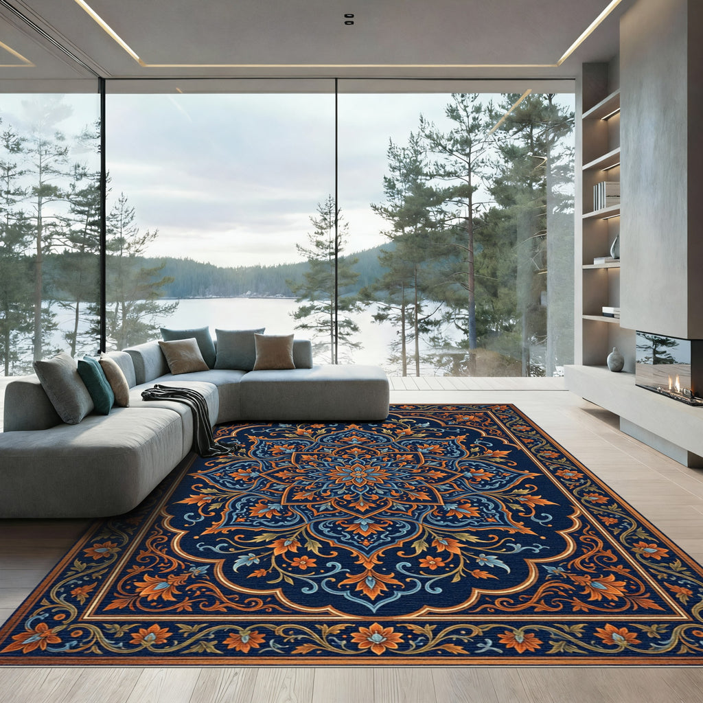 Ornate Navy Blue Floral Mandala Rug