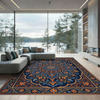 Ornate Navy Blue Floral Mandala Rug
