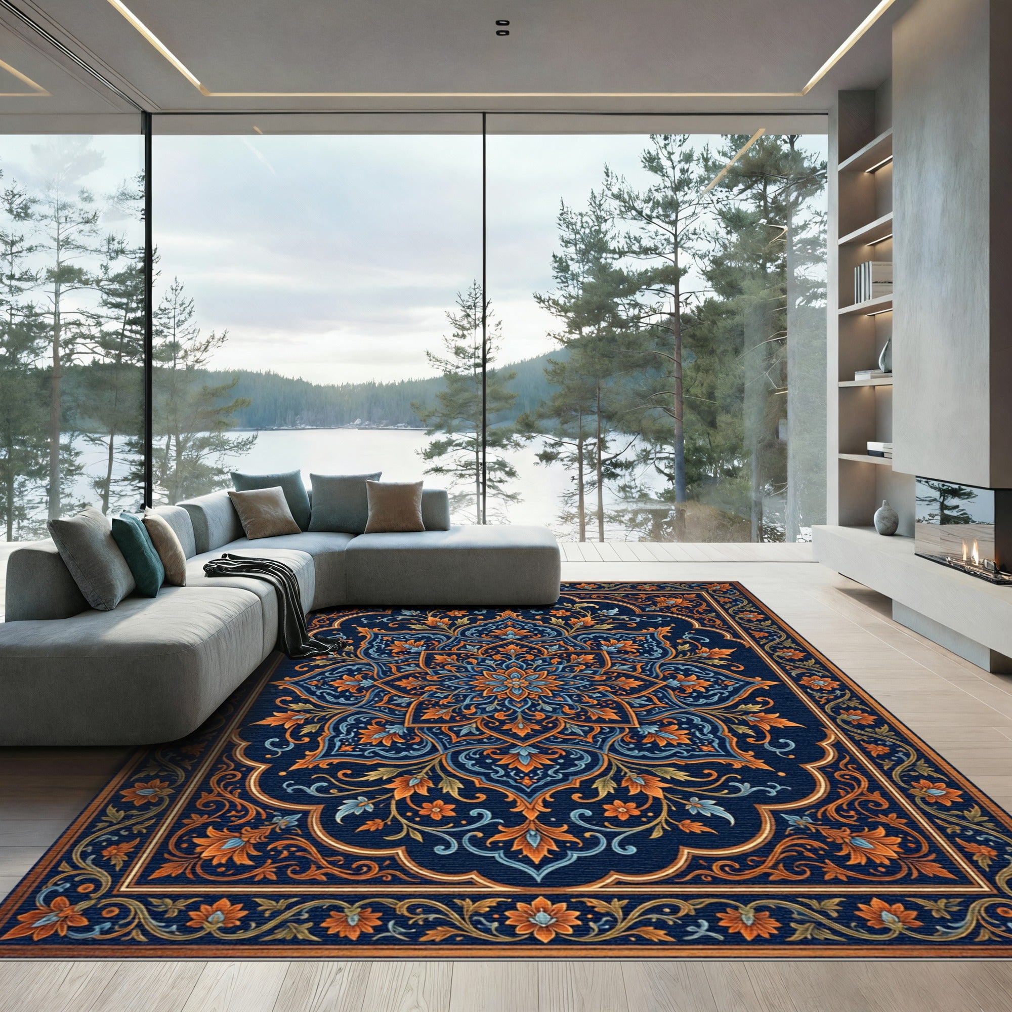 Ornate Navy Blue Floral Mandala Rug