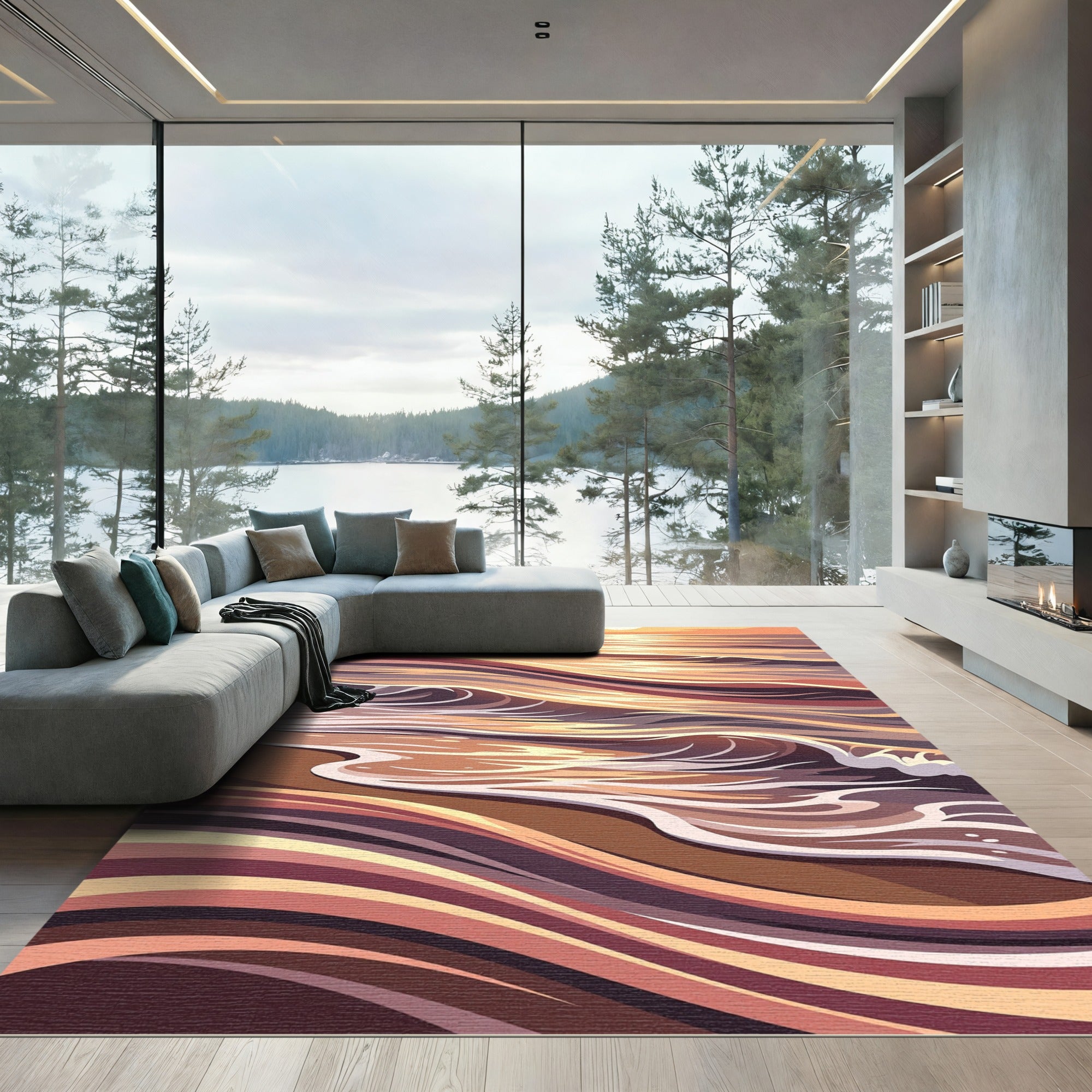 Sunset Ocean Waves Abstract Warm Tones Rug