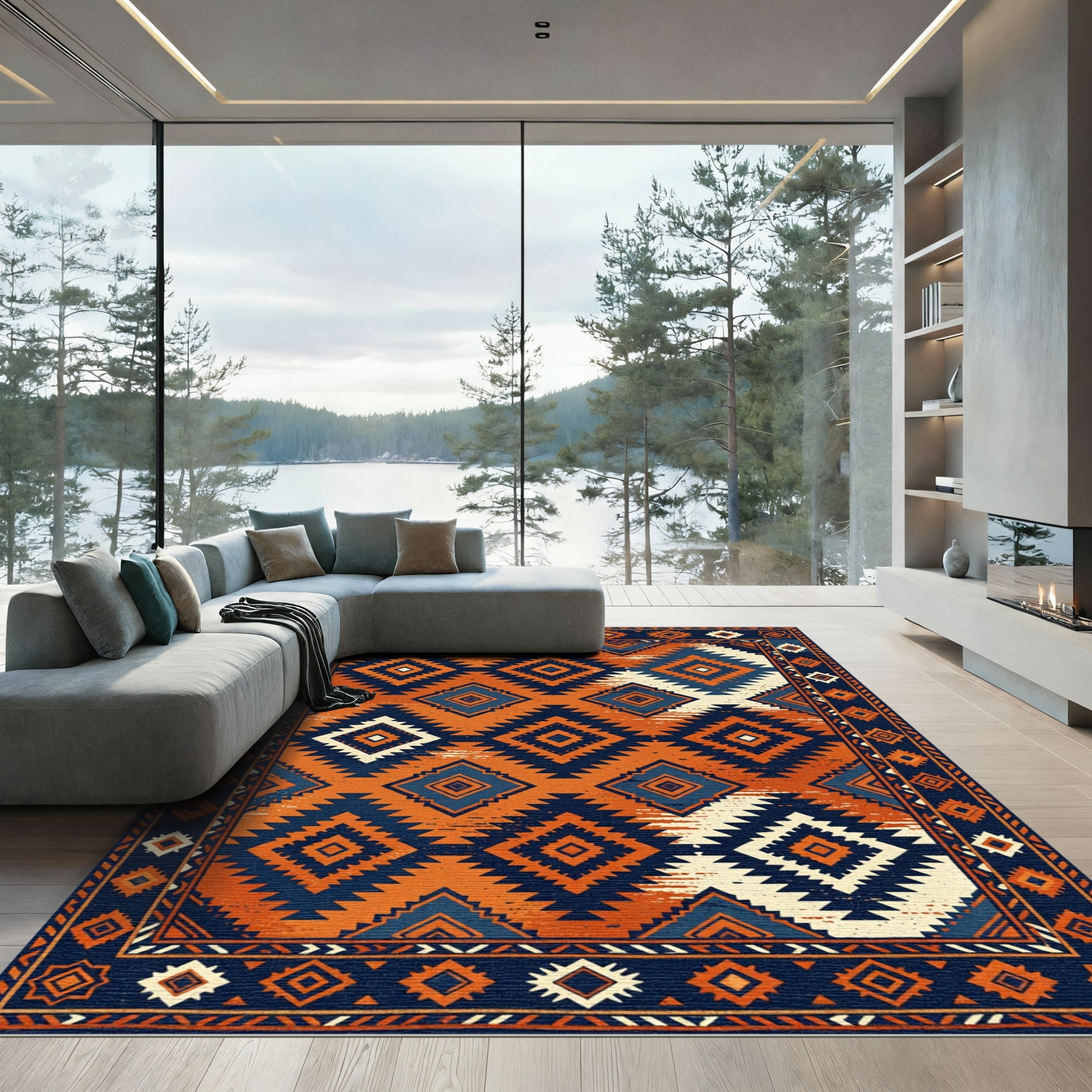 Bold Navy and Rust Geometric Diamond Rug