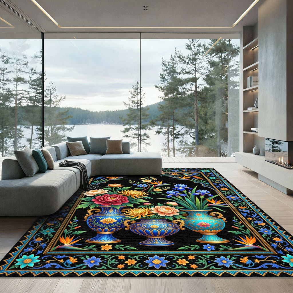 Vibrant Floral Garden Bird Urn Area Rug