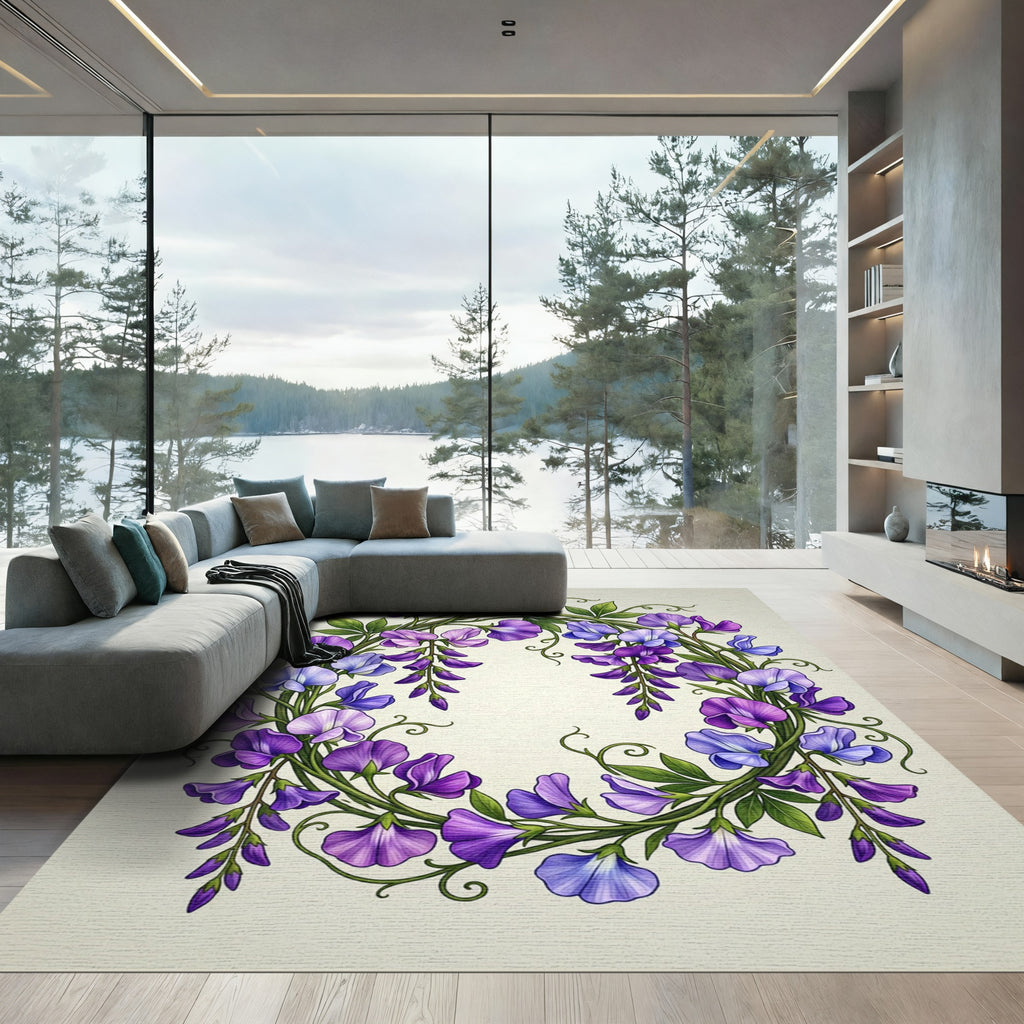 Elegant Purple Sweet Pea Floral Wreath Rug