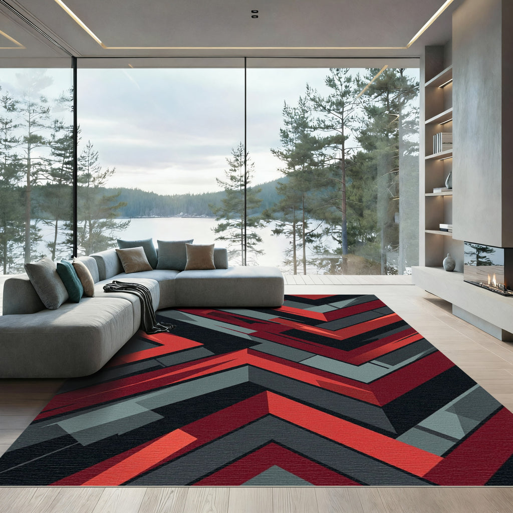 Bold Crimson Charcoal Geometric Chevron Rug