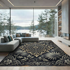 Ornate Ivory Floral Medallion Black Rug
