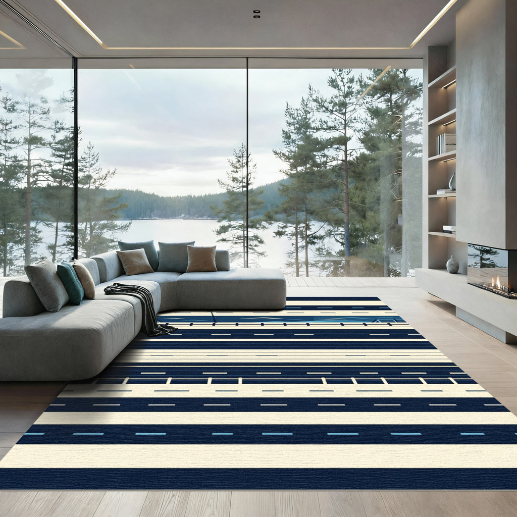 Modern Navy and Cream Linear Coast Rug