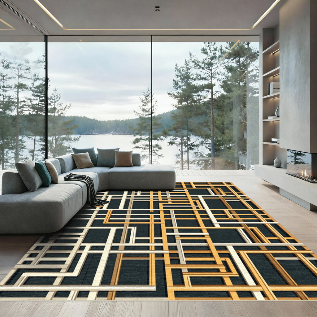 Modern Beige and Ochre Geometric Grid Rug