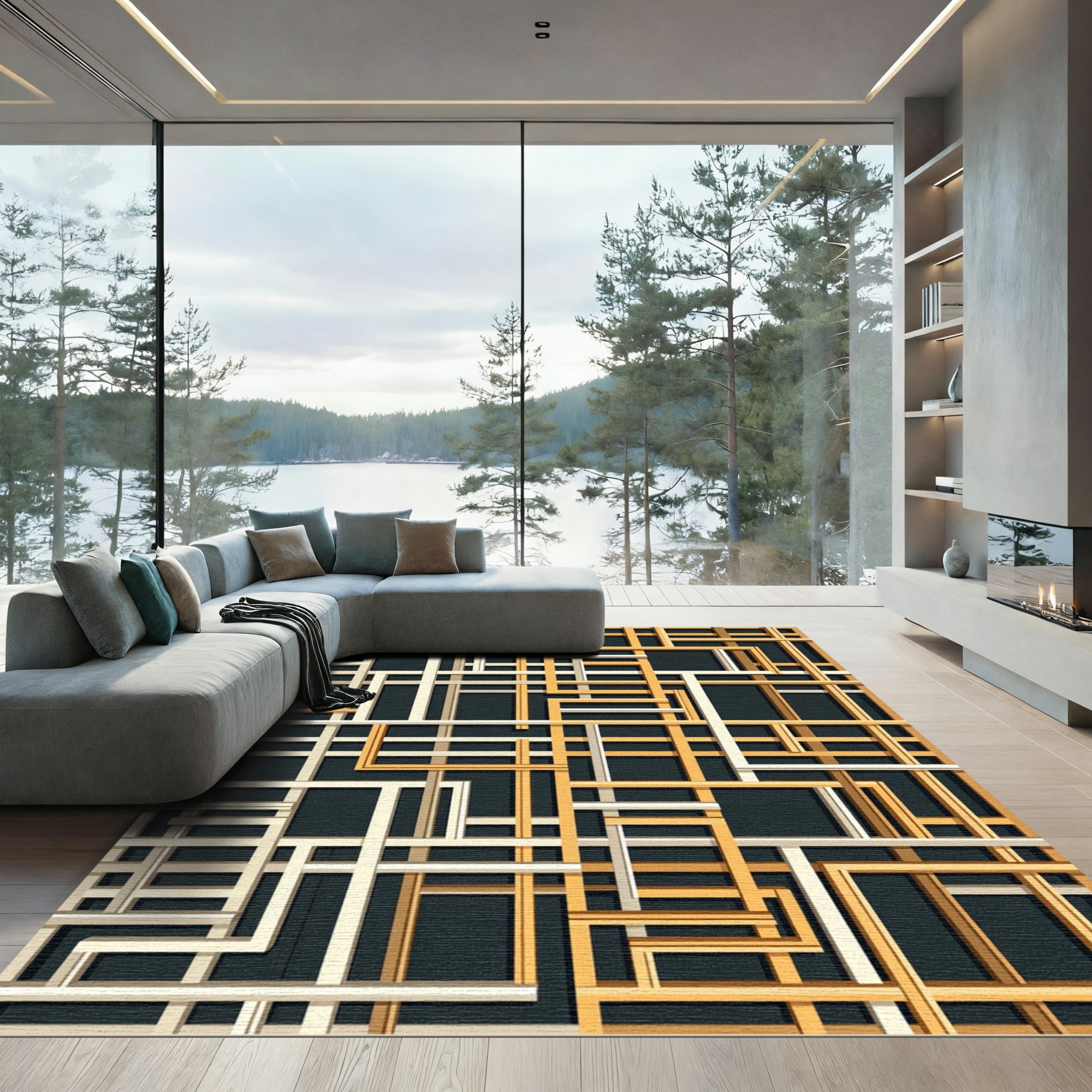 Modern Beige and Ochre Geometric Grid Rug