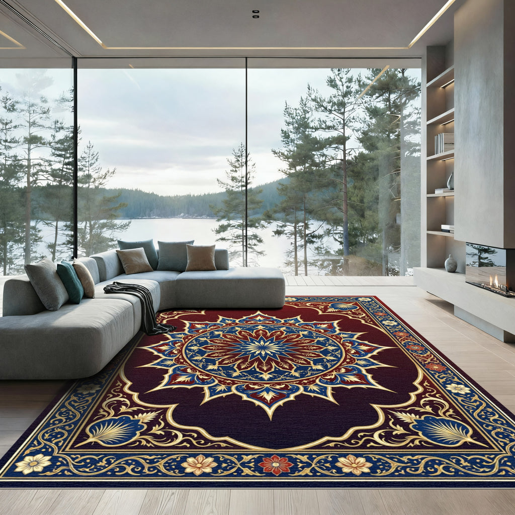 Crimson Blue Golden Medallion Ornament Rug