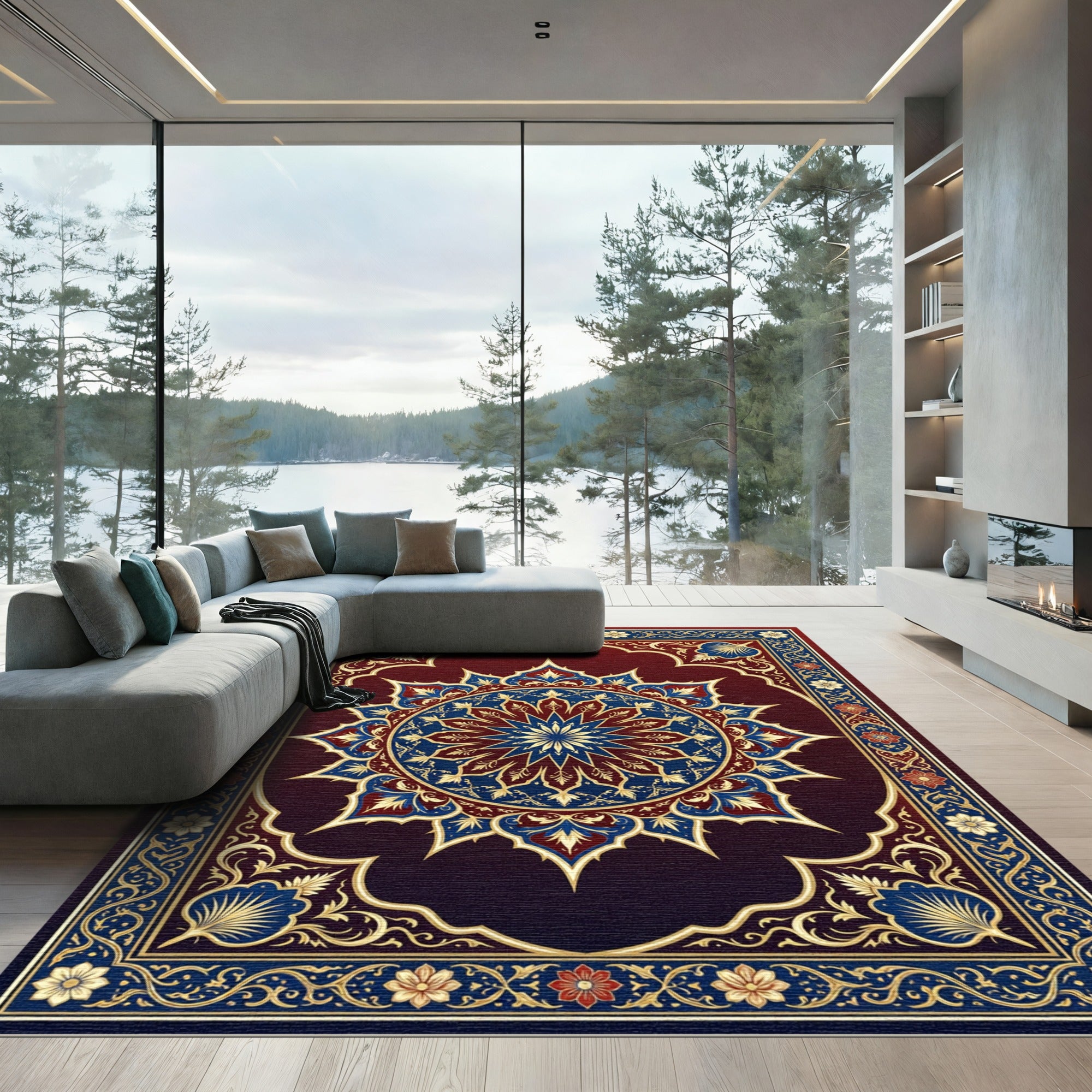 Crimson Blue Golden Medallion Ornament Rug