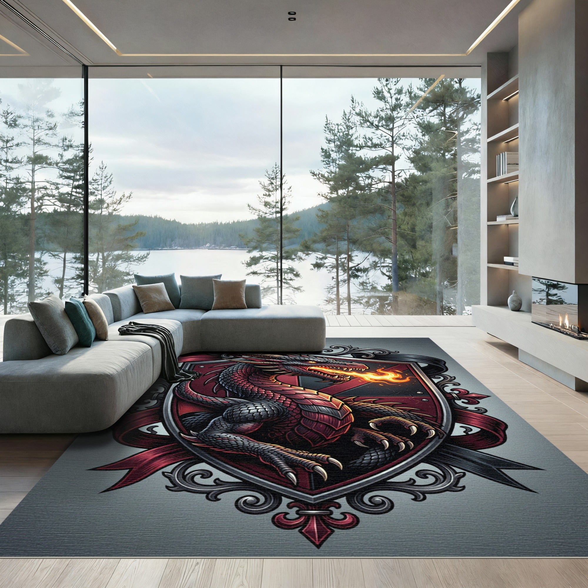Gothic Crimson Dragon Crest Emblem Rug