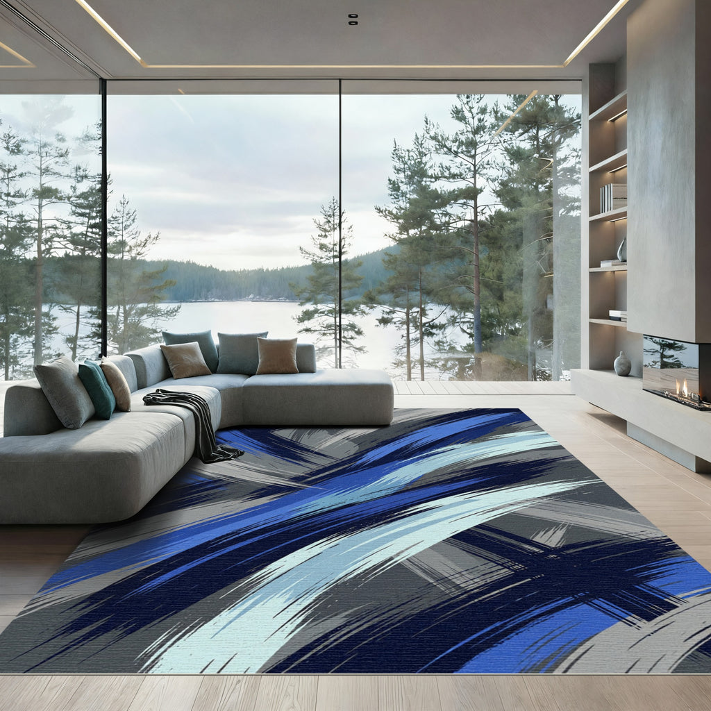 Bold Blue Grayscale Dynamic Strokes Rug