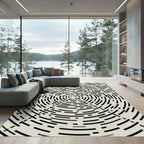 Minimalist Black and Cream Circular Labyrinth Rug