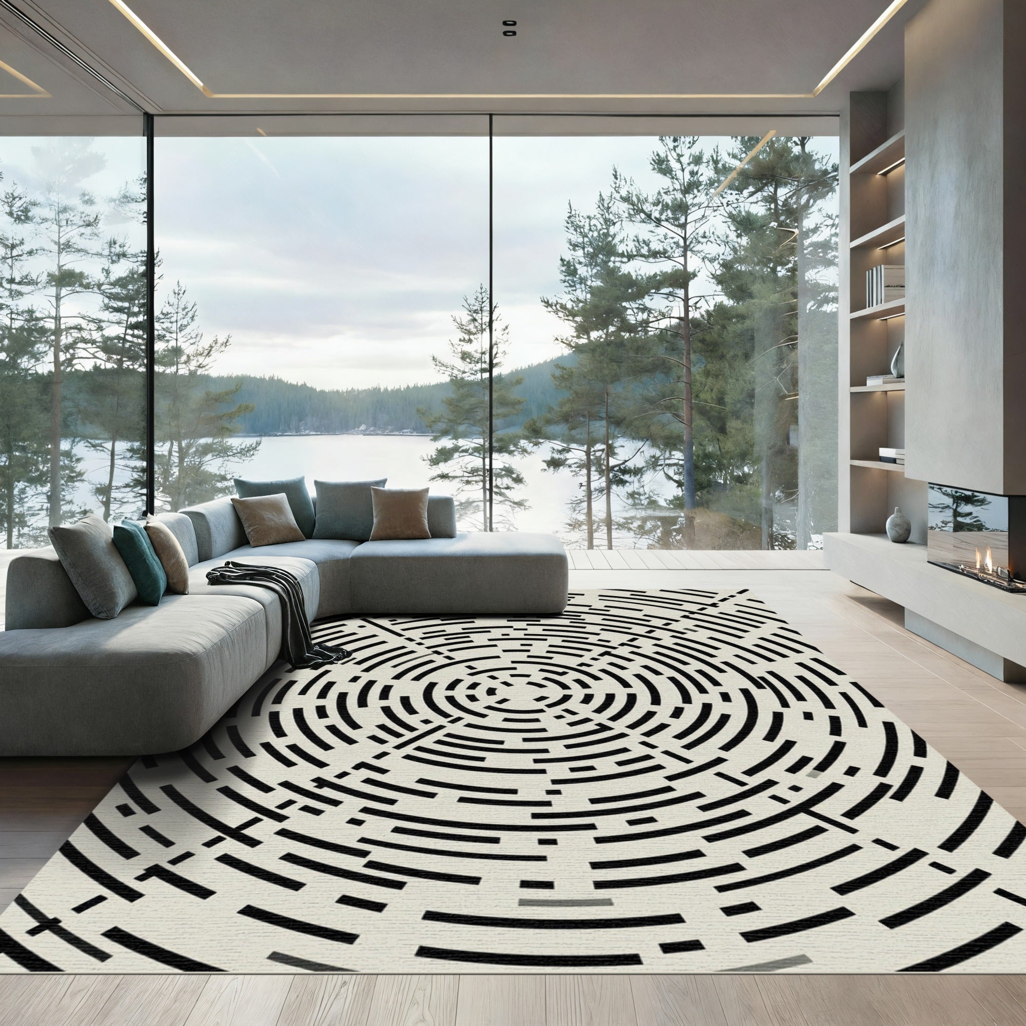 Minimalist Black and Cream Circular Labyrinth Rug