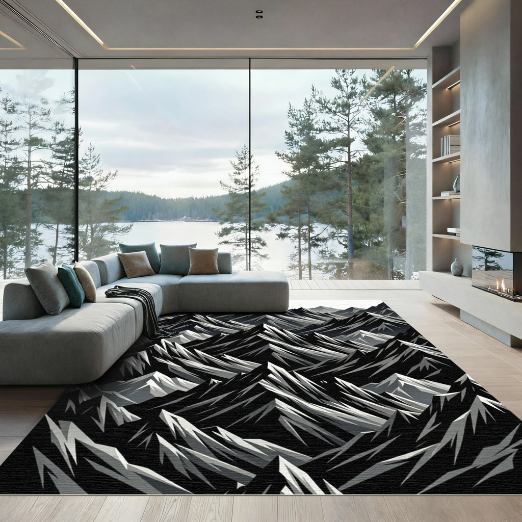 Dramatic Black White Jagged Peaks Rug