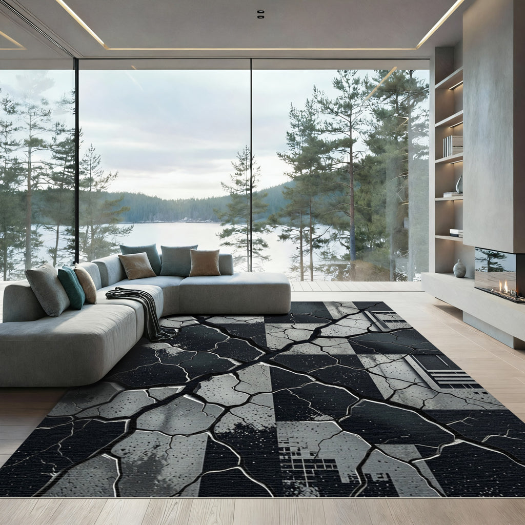 Cracked Black and White Geometric Squares Rug