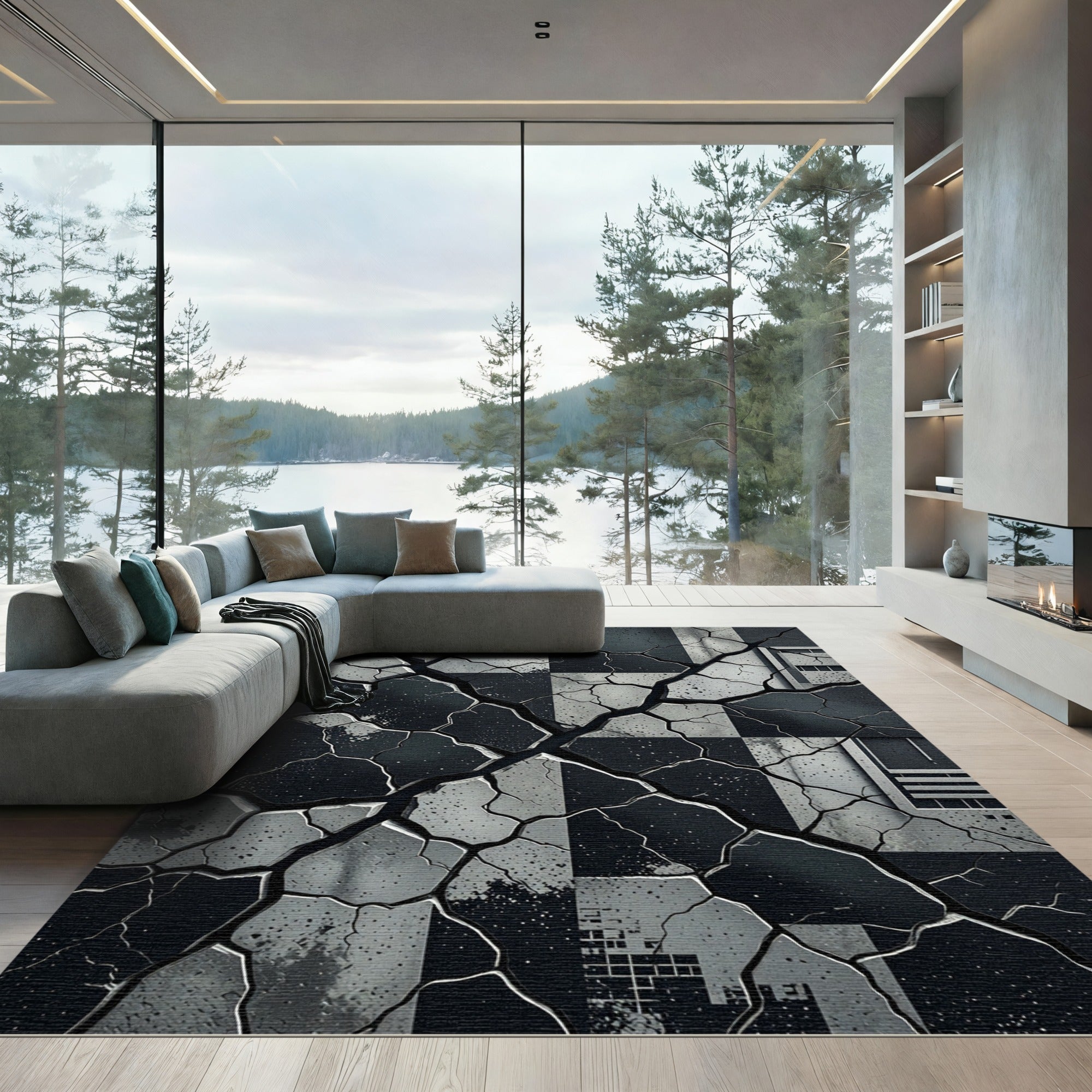 Cracked Black and White Geometric Squares Rug