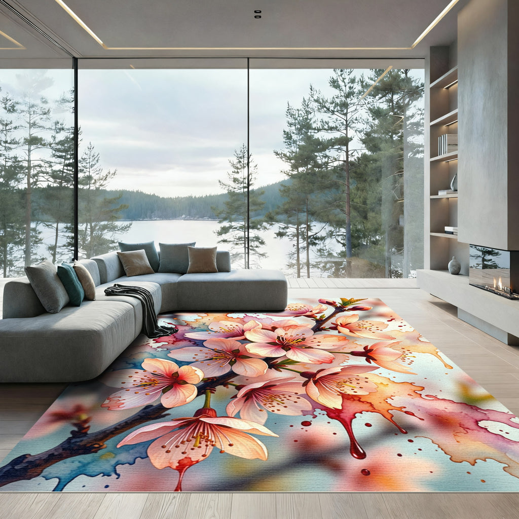 Watercolor Pink Blossom Splatter Canvas Rug