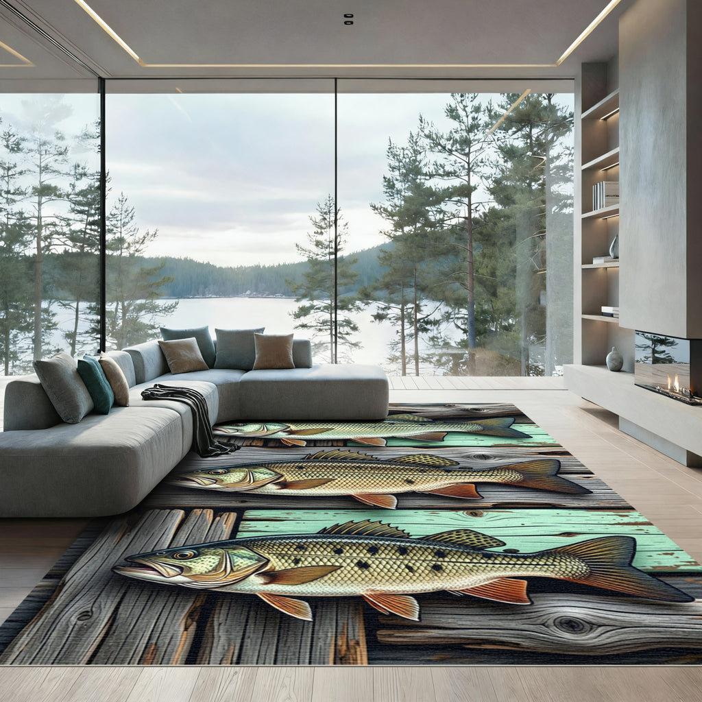 Rustic Three Fish Wood Plank Art Rug