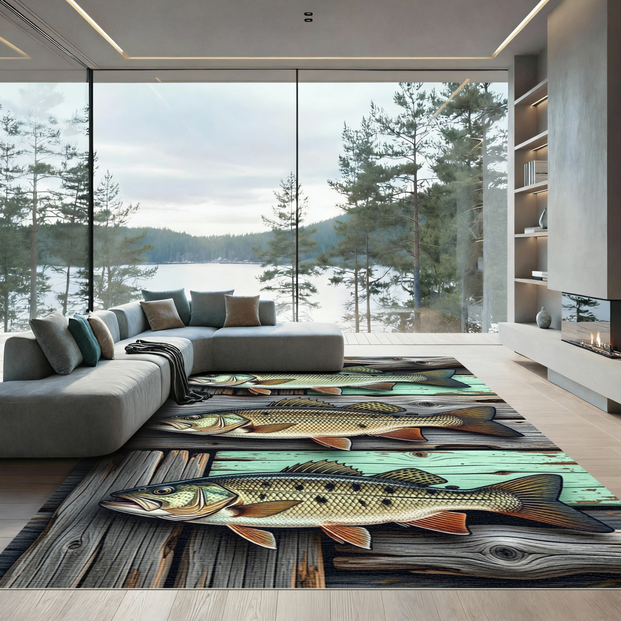 Rustic Three Fish Wood Plank Art Rug