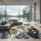 Modern Botanical Gold and Navy Foliage Rug