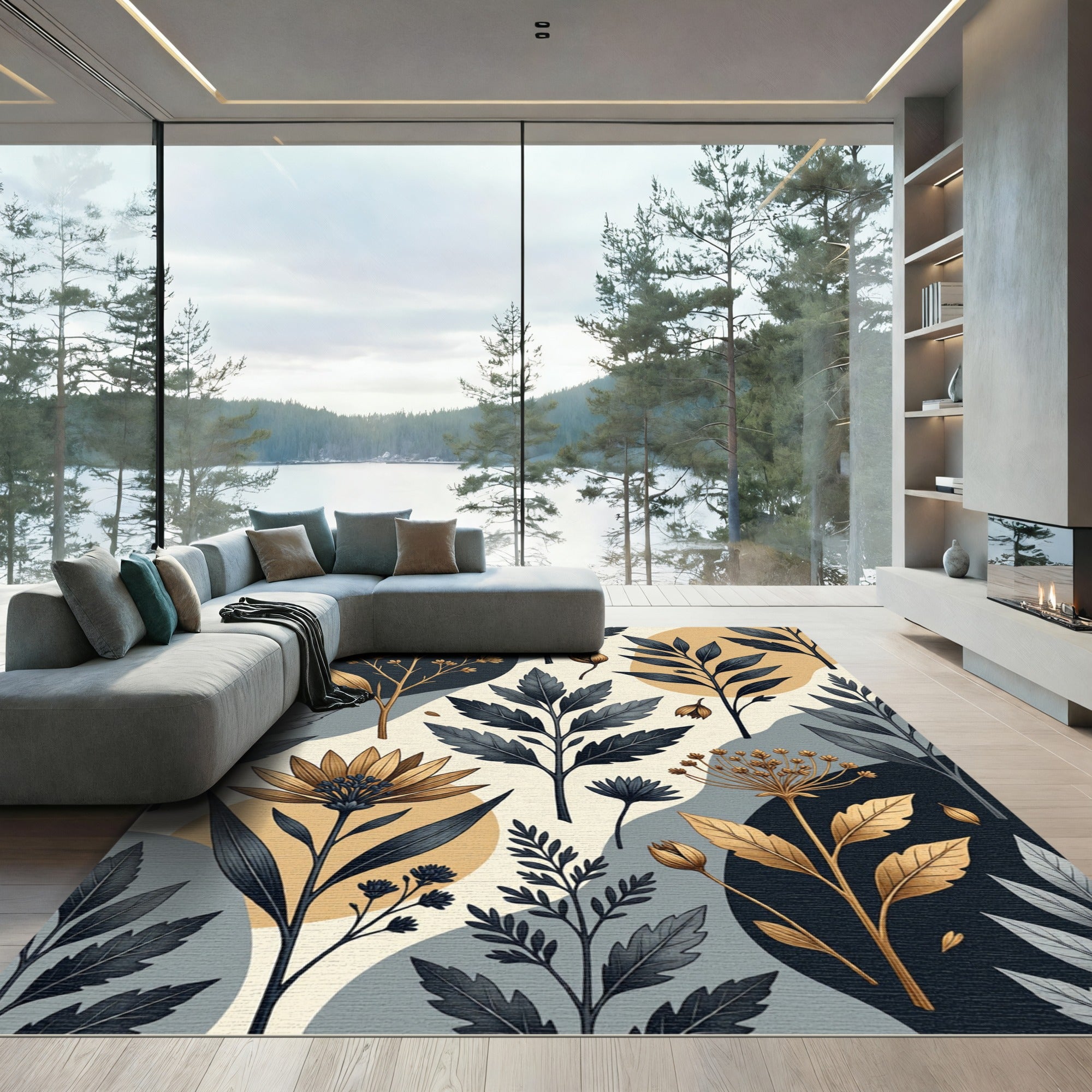Modern Botanical Gold and Navy Foliage Rug