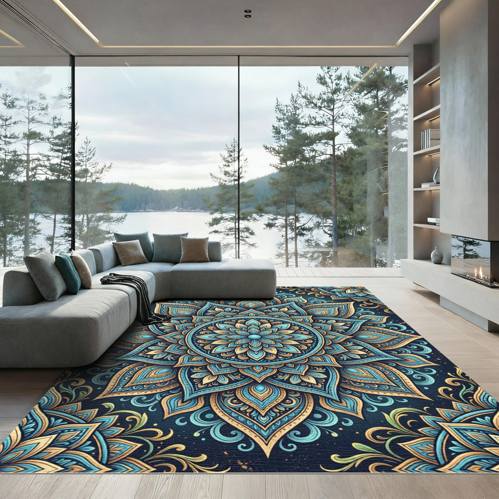 Teal Gold Ornate Lotus Mandala Rug
