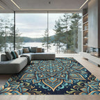 Teal Gold Ornate Lotus Mandala Rug