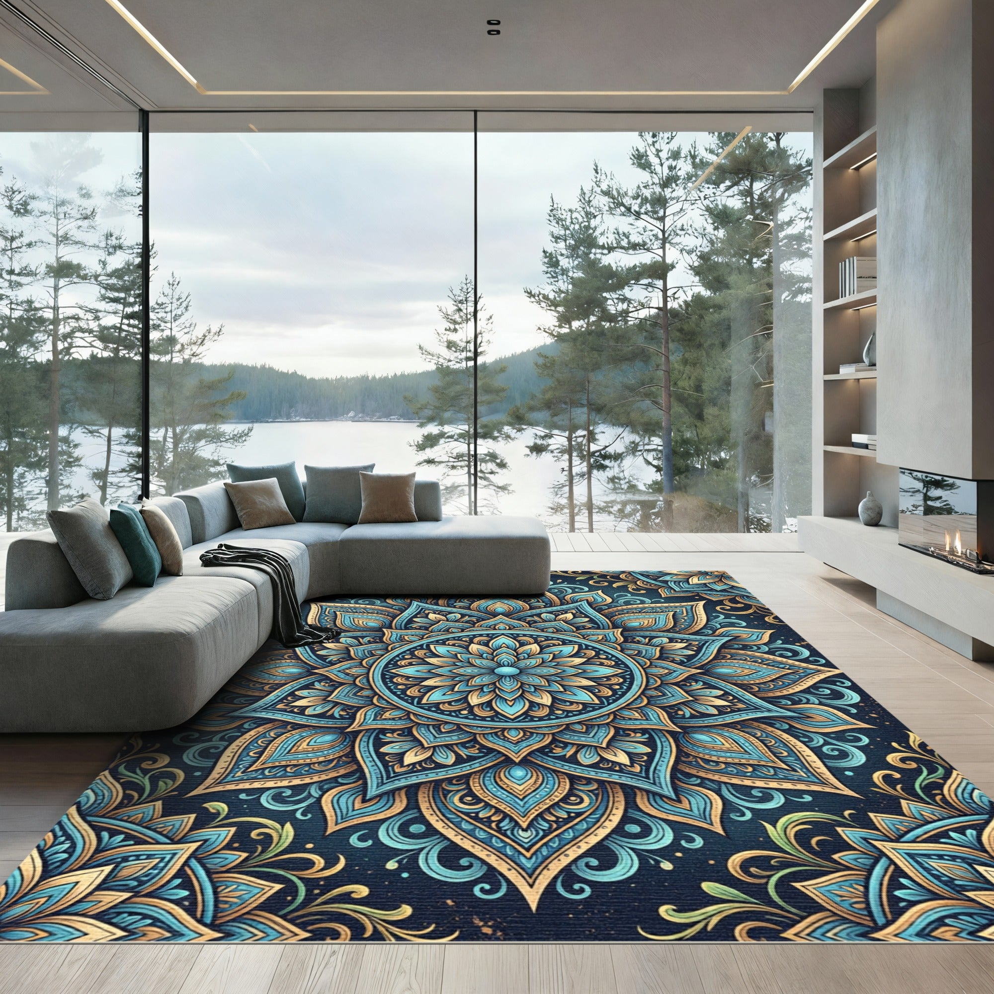 Teal Gold Ornate Lotus Mandala Rug