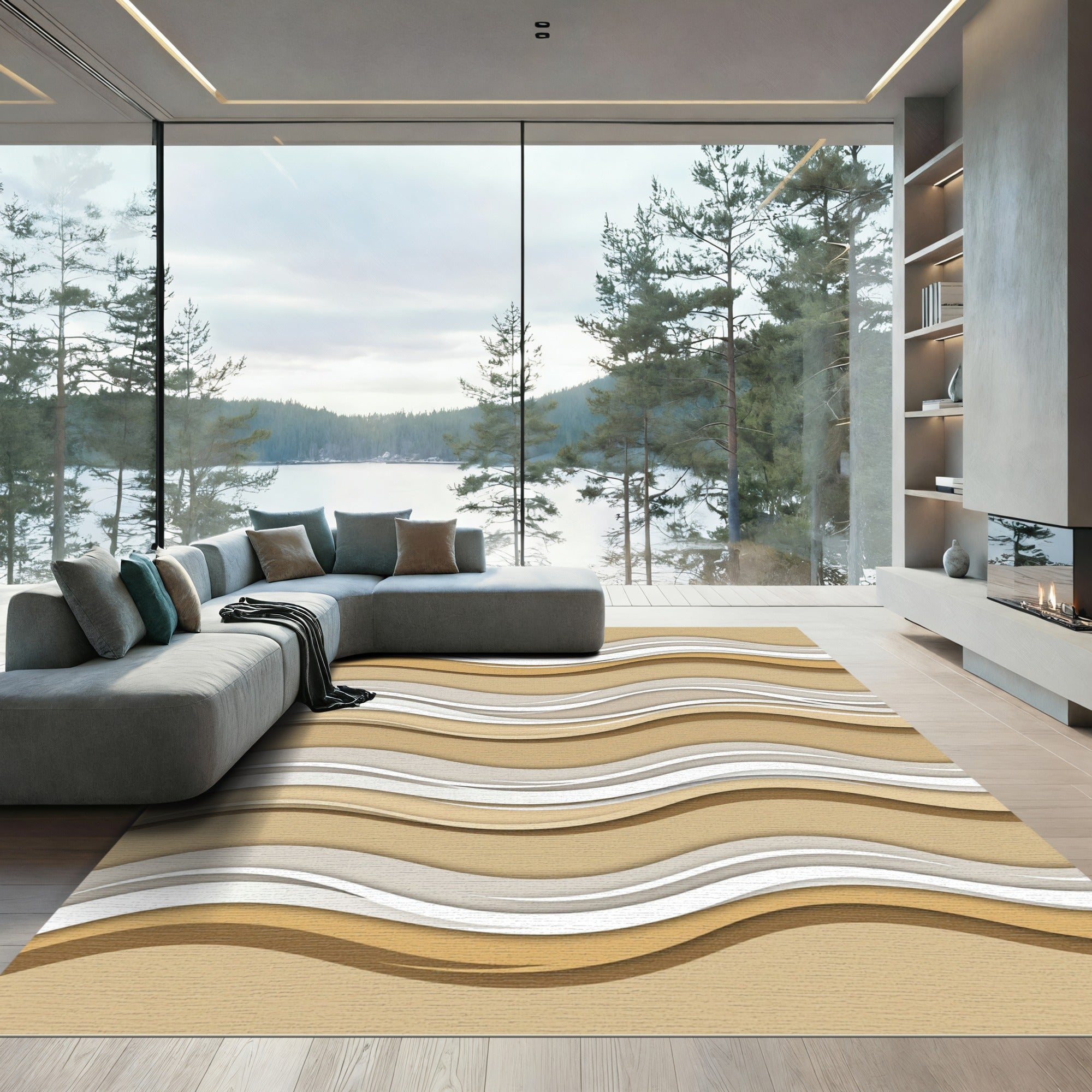 Neutral Sand Wavy Layered Curves Rug