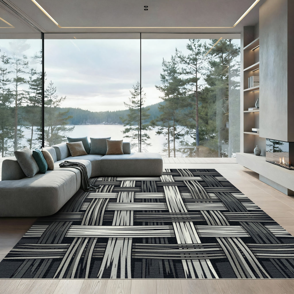 Monochrome Interlocking Ribbed Weave Texture Rug