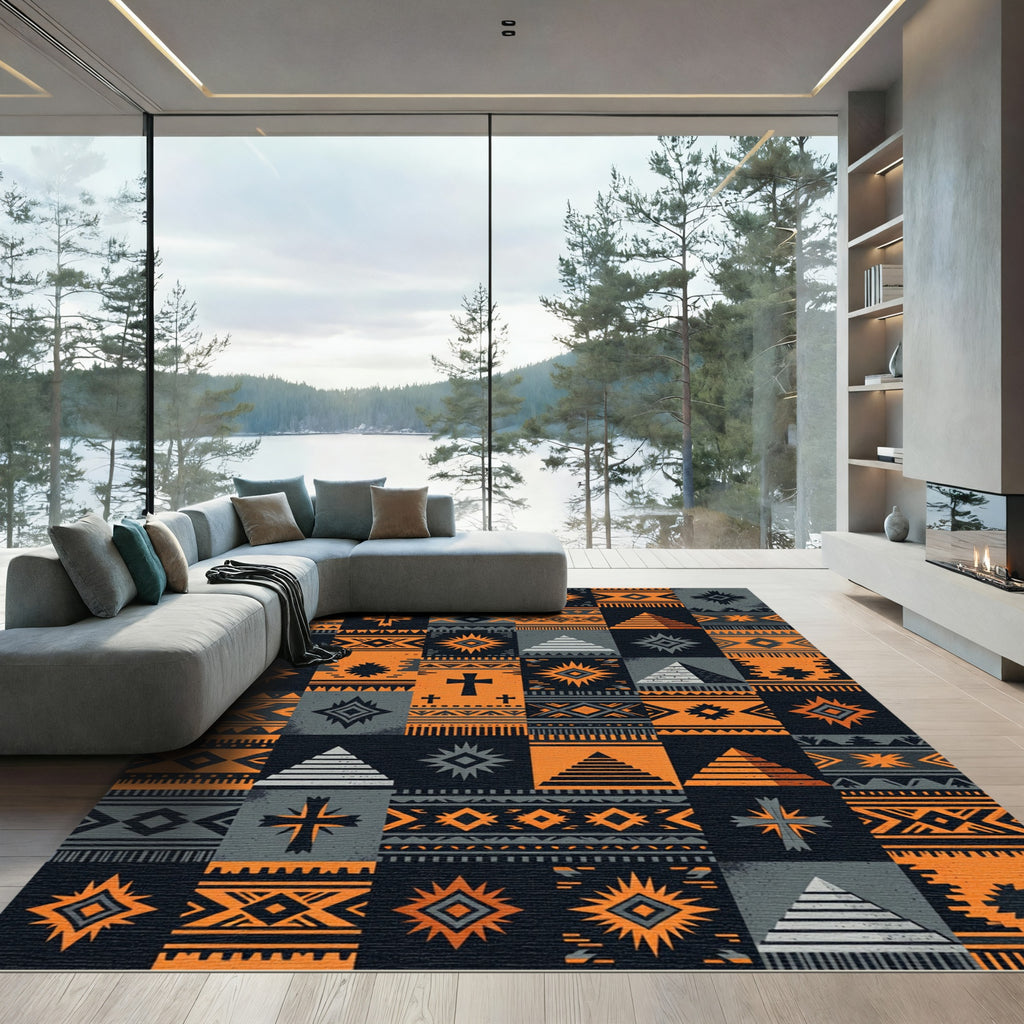 Geometric Orange and Charcoal Aztec Tile Rug