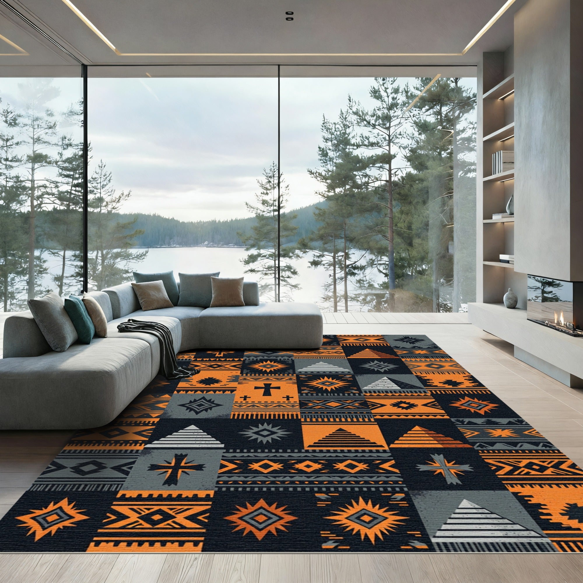 Geometric Orange and Charcoal Aztec Tile Rug