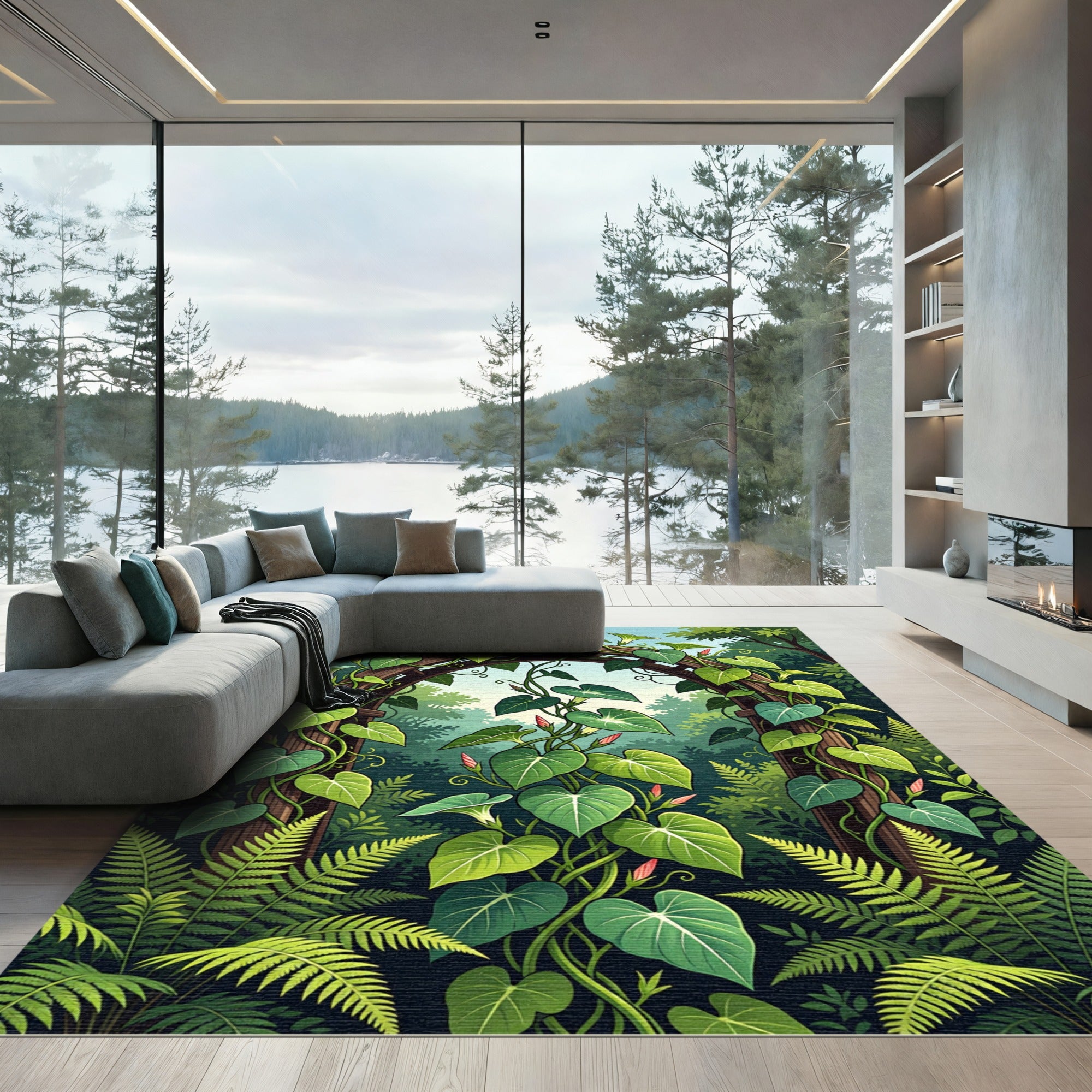 Lush Green Botanical Morning Glory Garden Rug