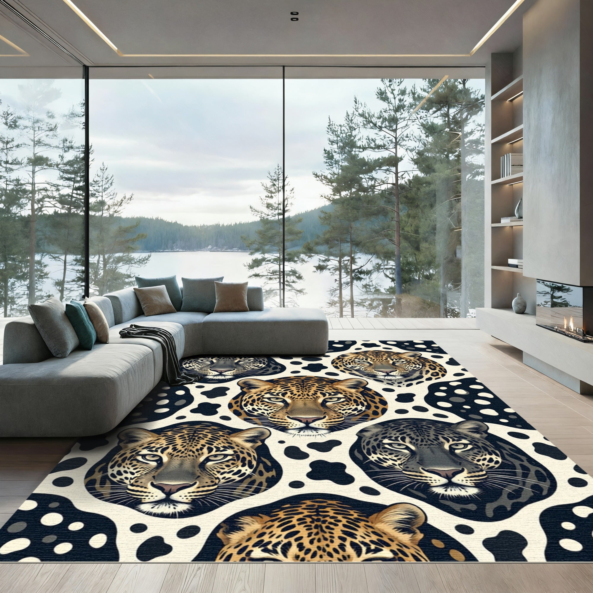 Leopard Portrait Cream and Black Rug