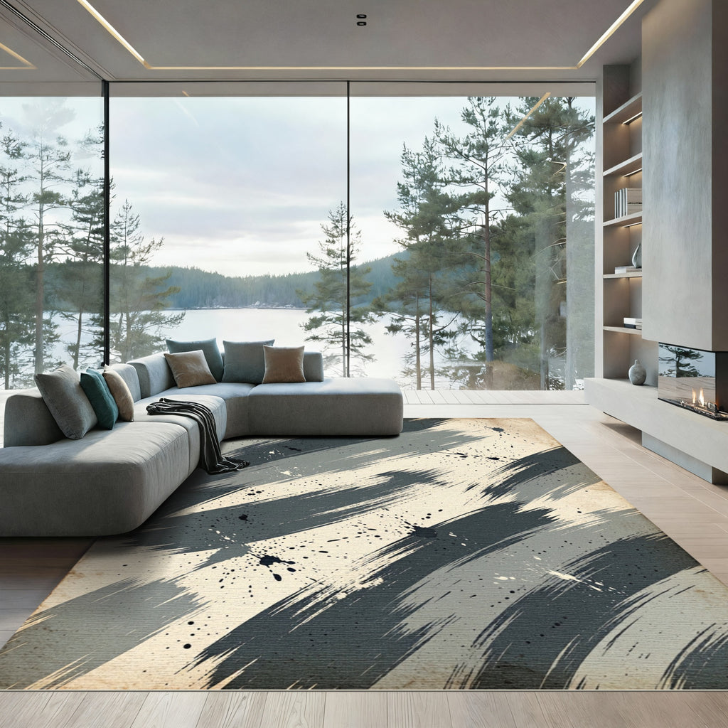 Dark Gray Splatter Brush Strokes Rug