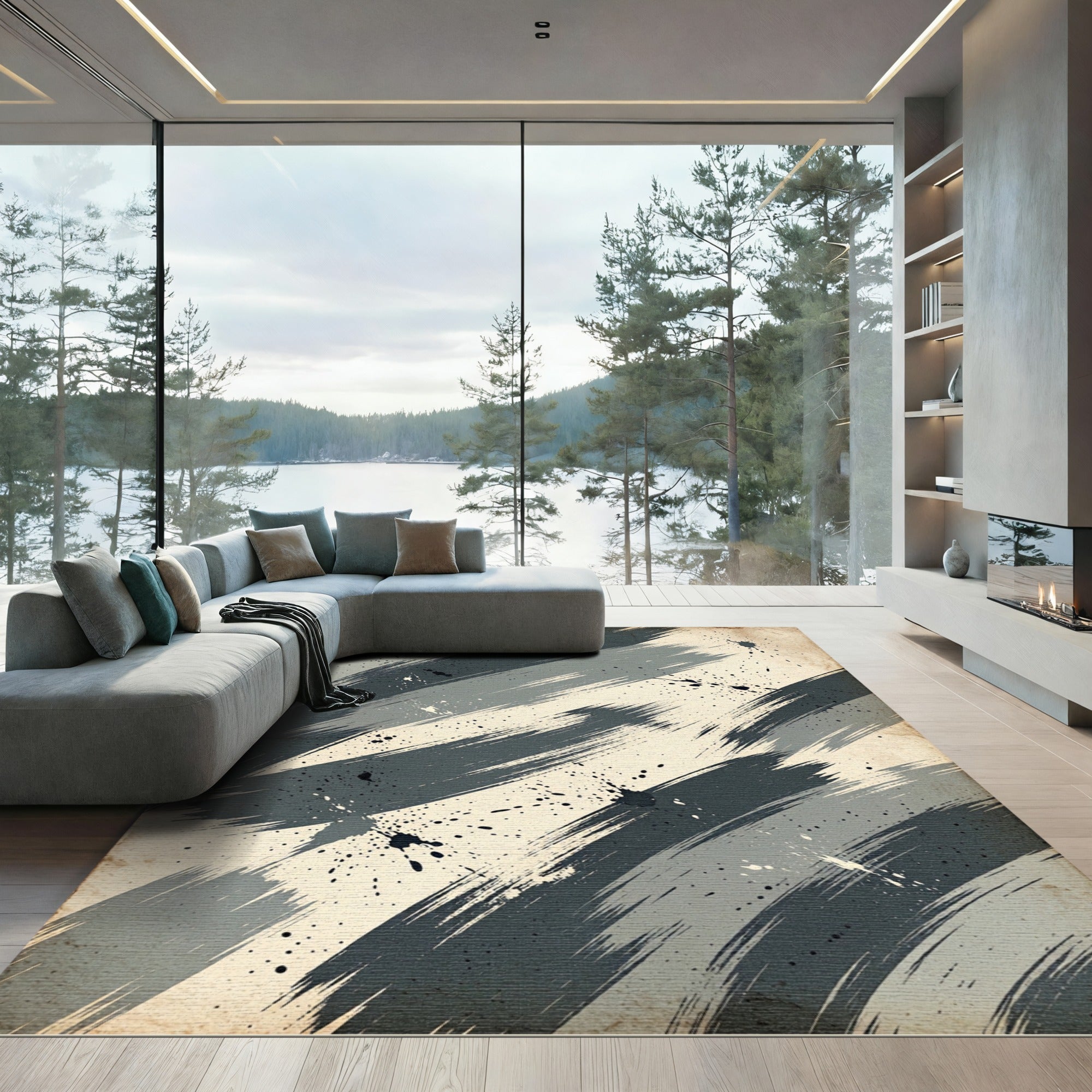 Dark Gray Splatter Brush Strokes Rug