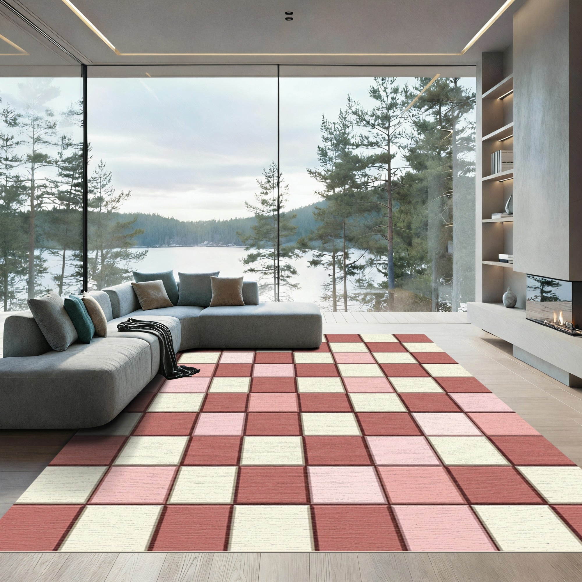 Checkerboard Pink Cream Tones Rug