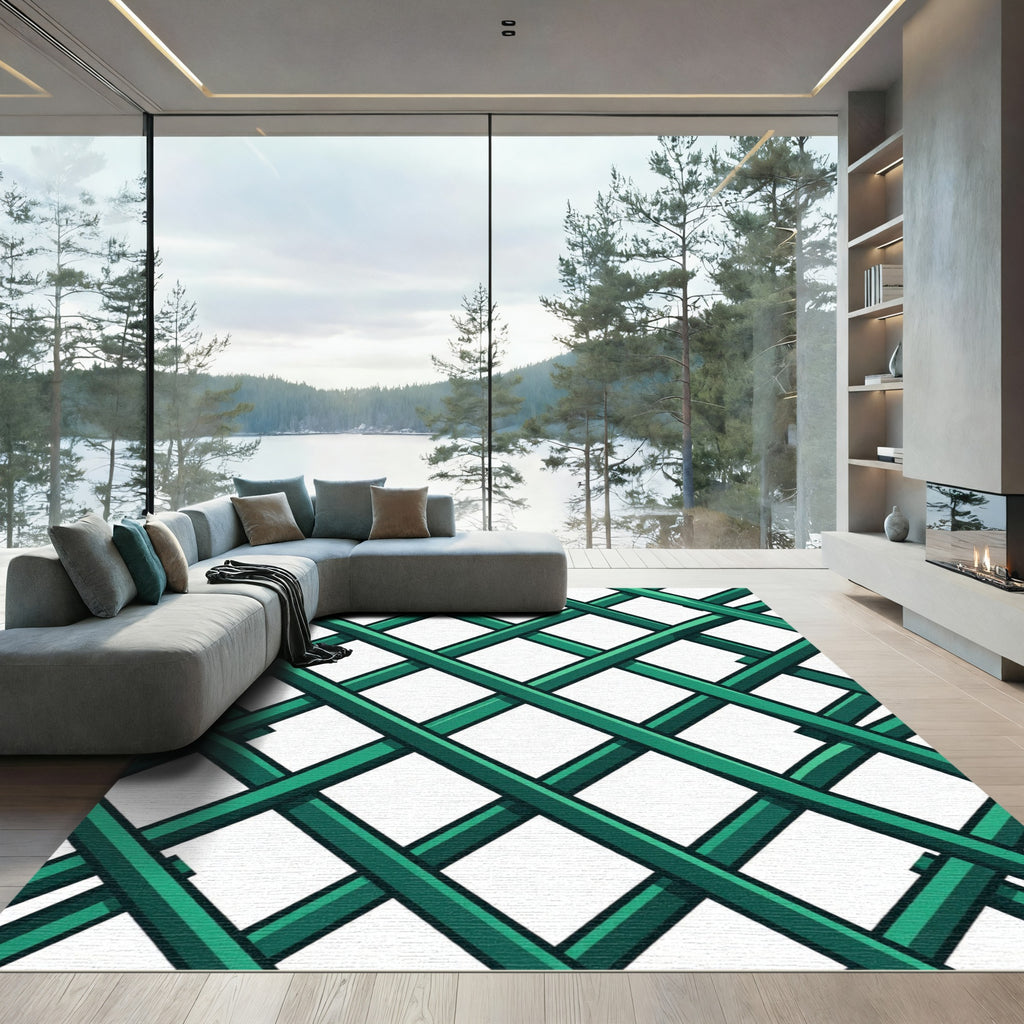 Vibrant Emerald Green Geometric Lattice Rug