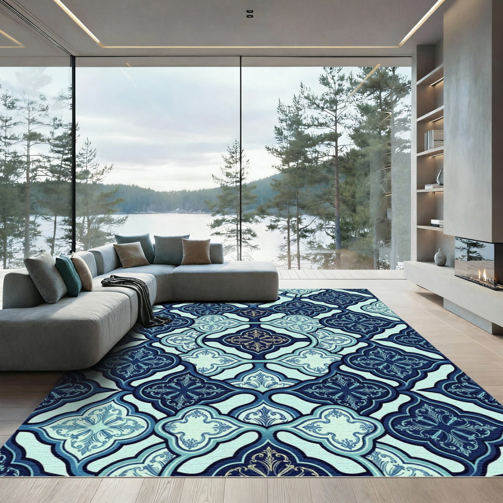 Elegant Navy Teal Ornate Trellis Rug