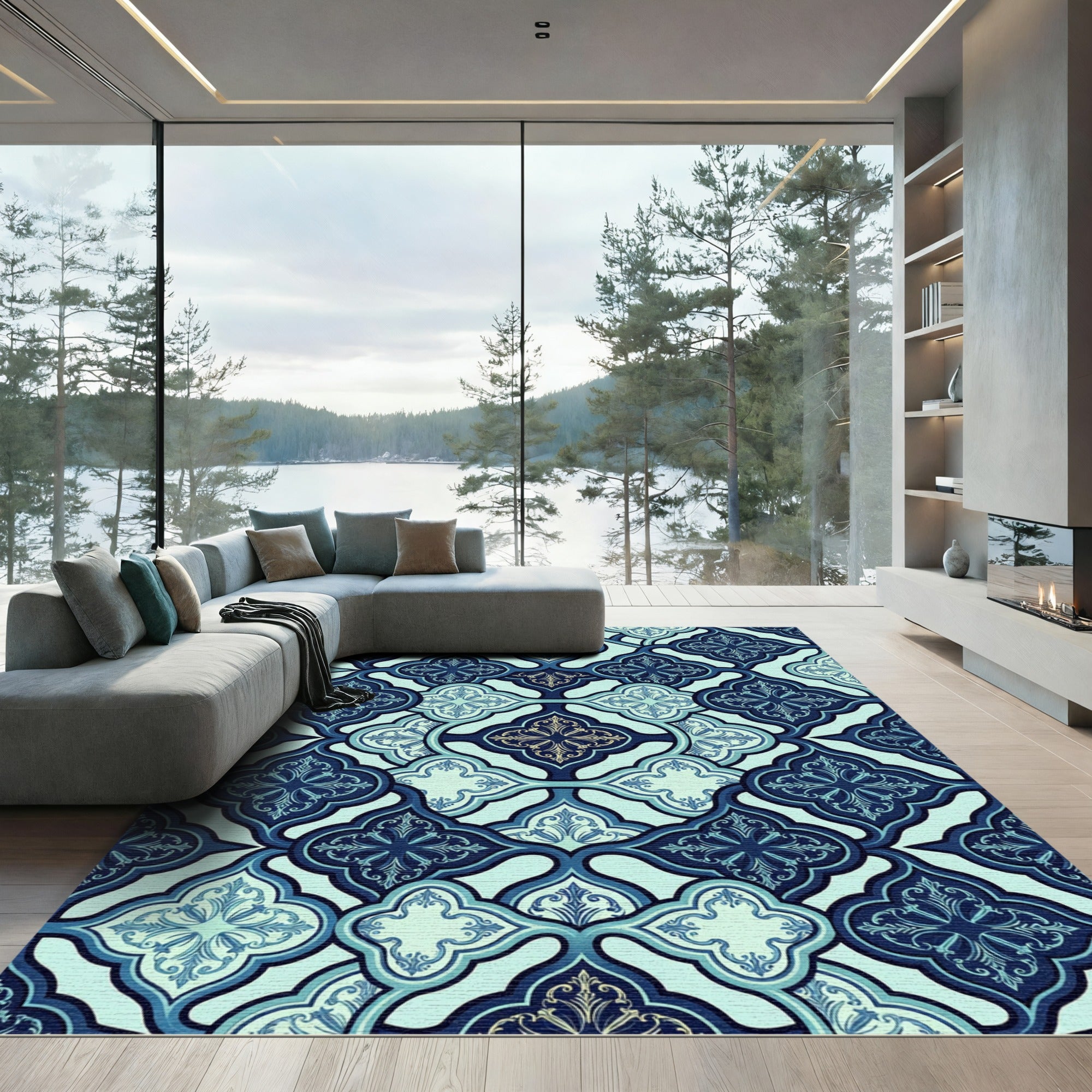 Elegant Navy Teal Ornate Trellis Rug