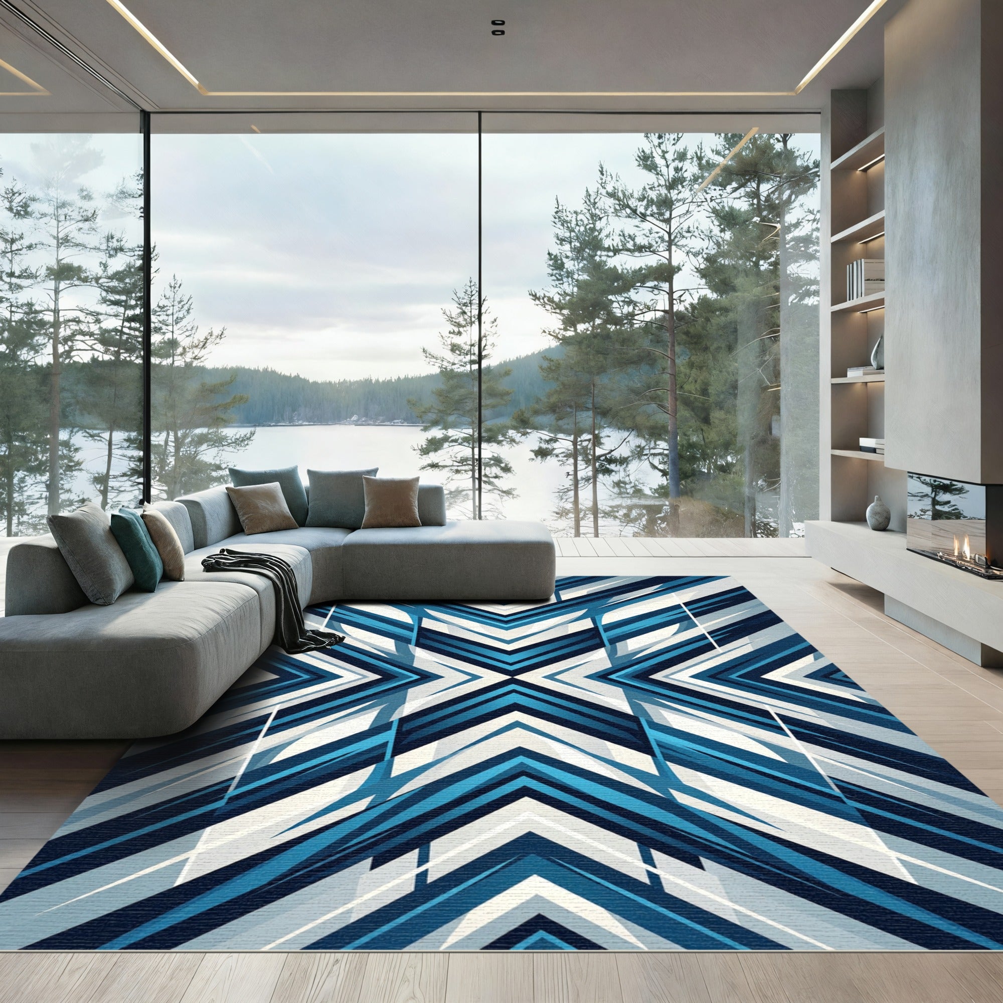 Geometric Navy and Azure Angular Chevron Rug