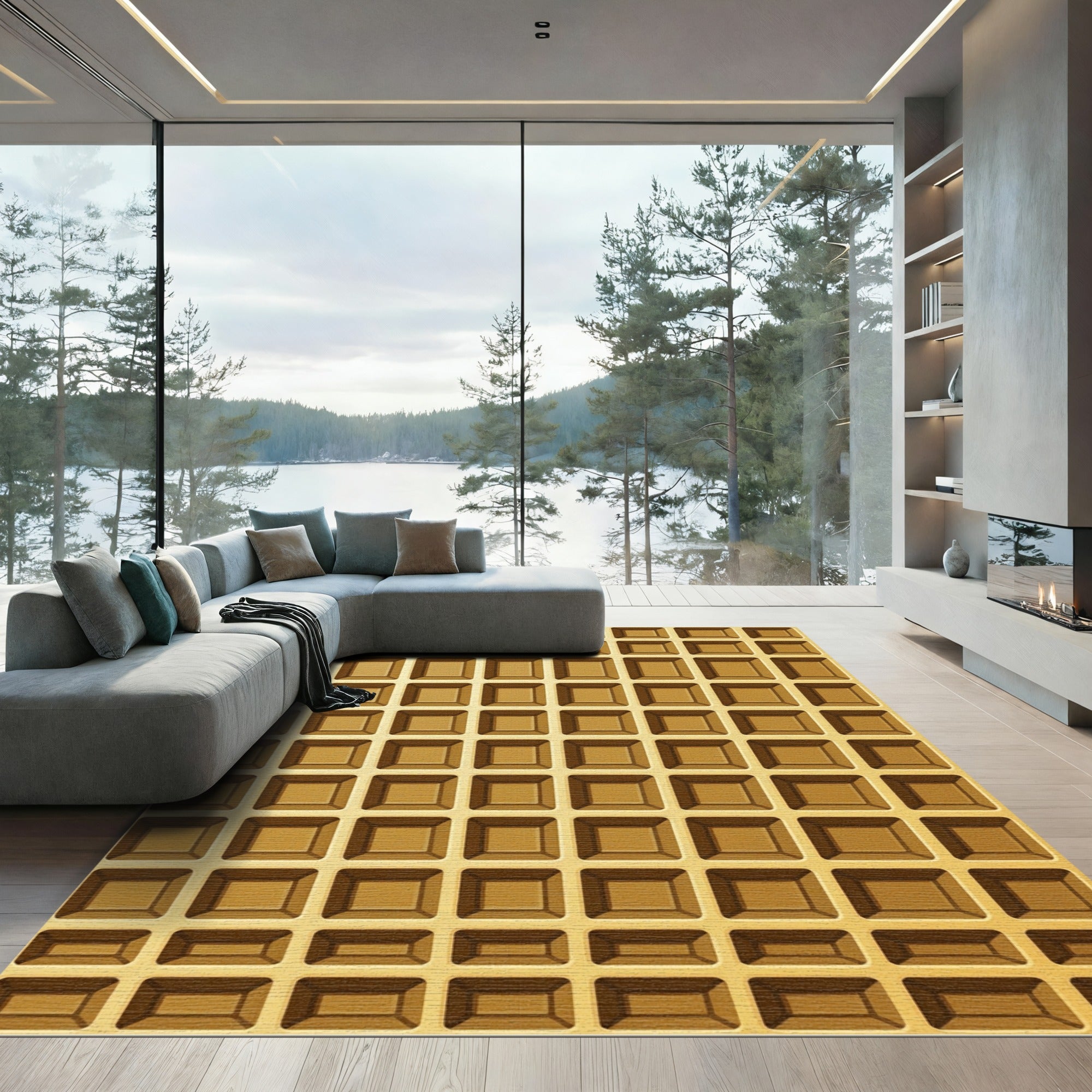 Golden Grid Geometric Waffle Texture Rug