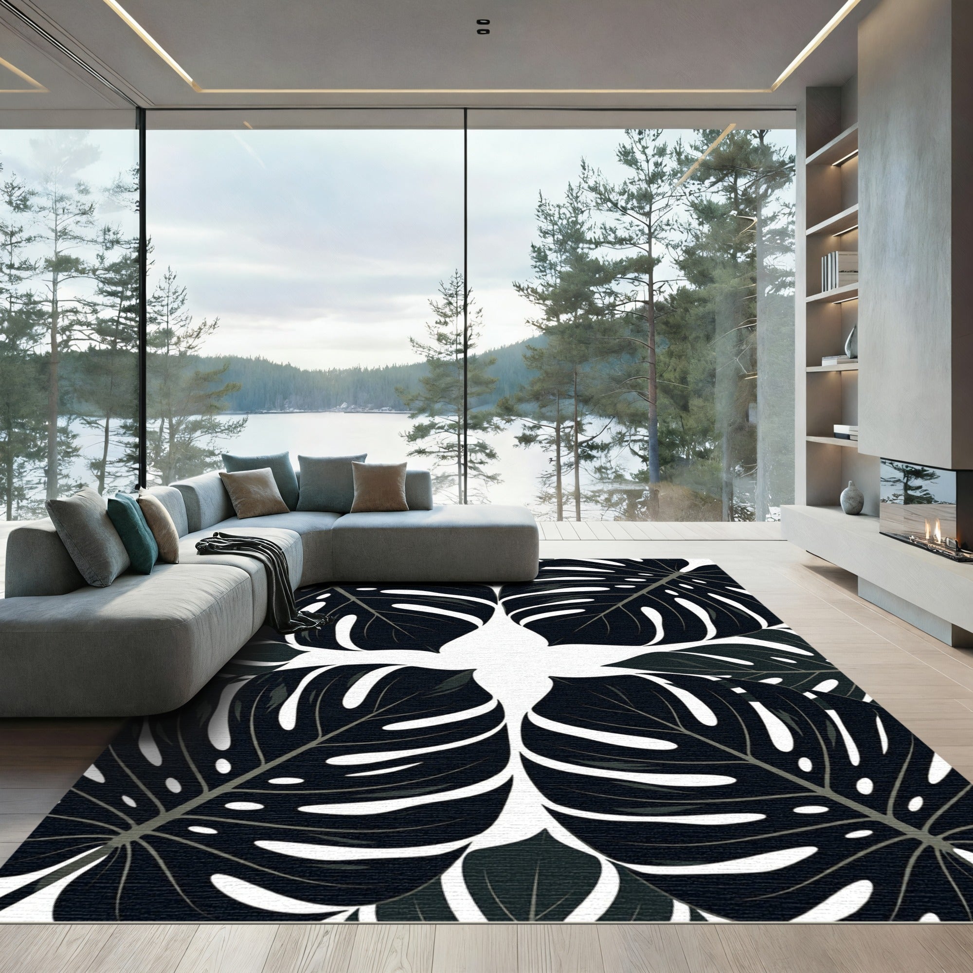 Monstera Leaves Dark Botanical Collage Rug