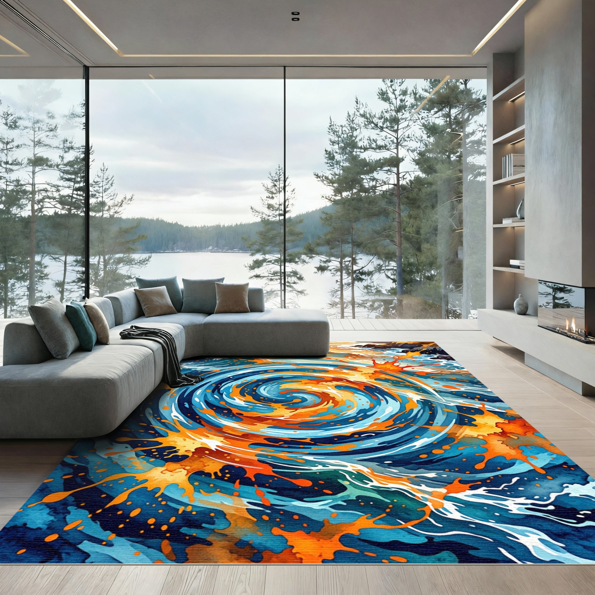 Vibrant Cobalt and Tangerine Swirl Wave Rug
