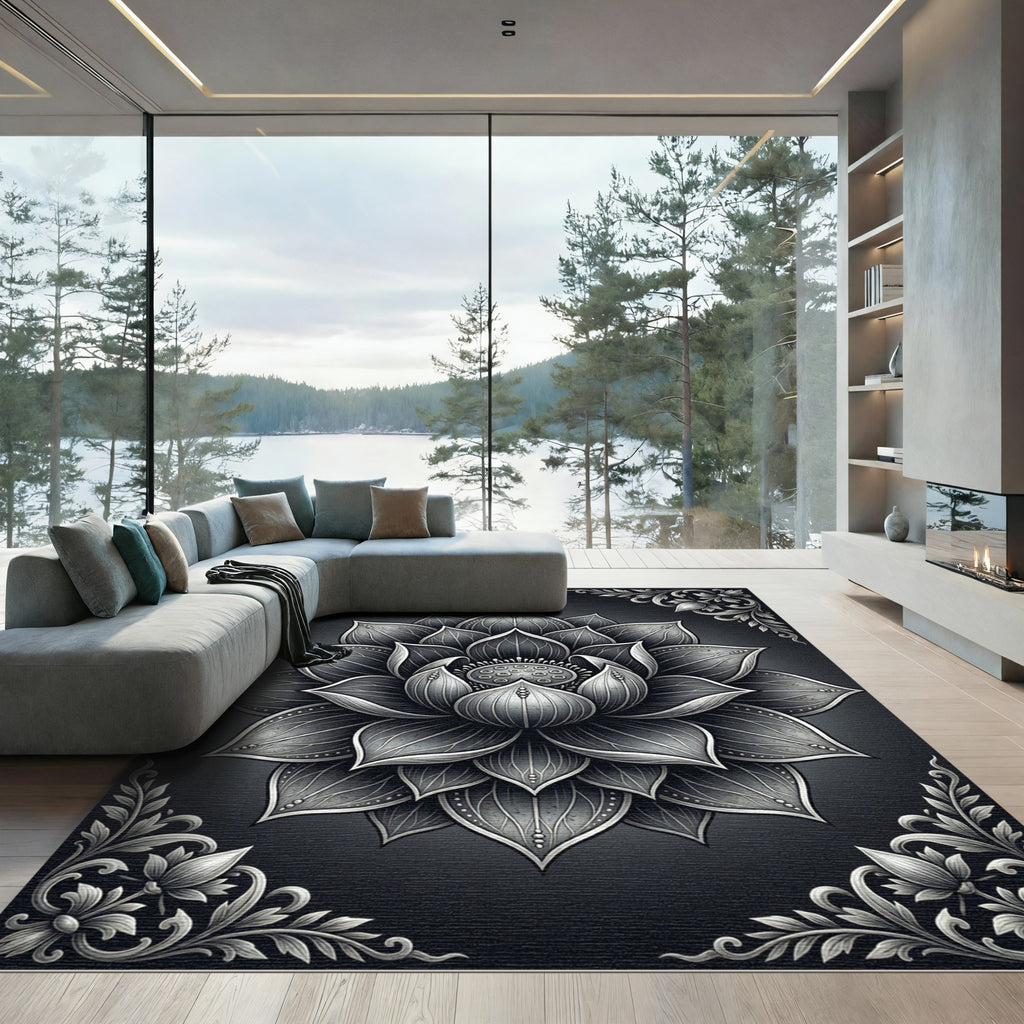 Monochrome Silver Lotus Floral Medallion Rug