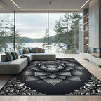 Monochrome Silver Lotus Floral Medallion Rug