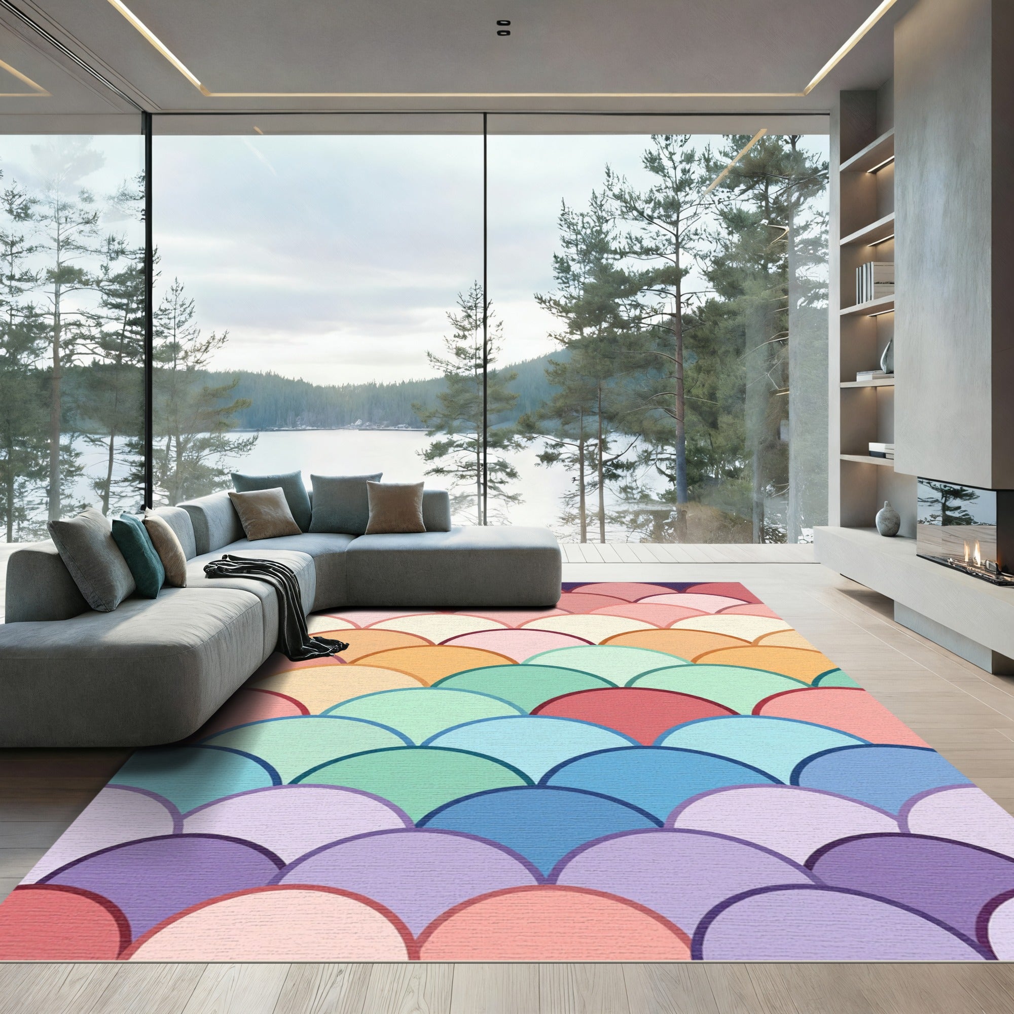 Colorful Scalloped Rainbow Fan Gradient Rug